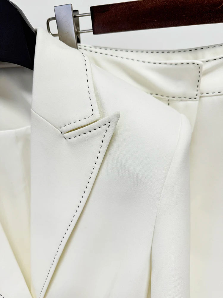 HIGH STREET Newest Fashion 2024 Designer Suit Set Women's Contrast Stitching Belted Blazer Pants Suit 2pcs.