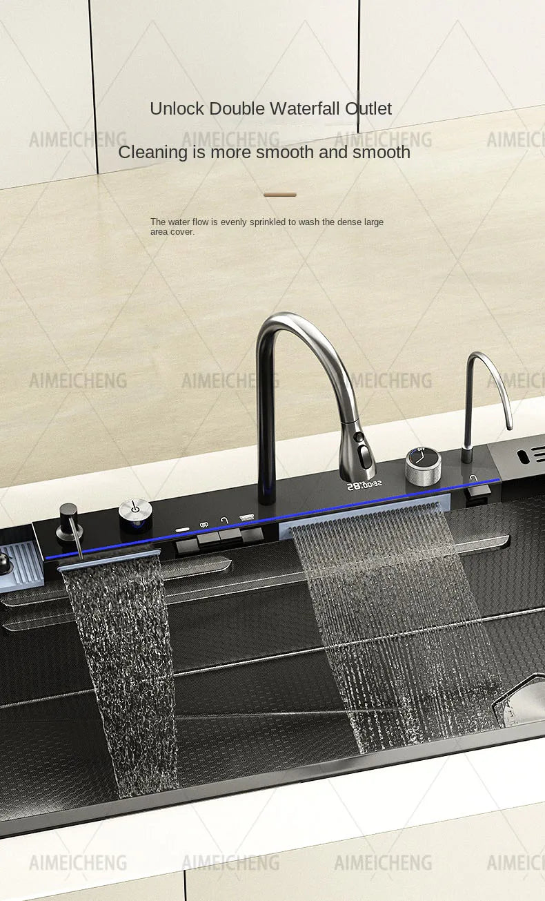Heißer verkauf Edelstahl Wasserfall Küche Waschbecken Mit Messer Halter Digital Display Wasserhahn Set Geprägte Extra Große Einzigen Slot