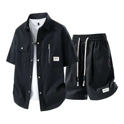 Men's Summer Casual Versatile Fashionable Cool Short-Sleeved Shirt And Shorts Set Trendy Business Casual Outfit.