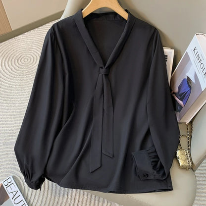 Loose Long Sleeve V-Neck Work Shirt for Women Plus Size Women's Blouses Fashion Versatile Autumn Bow Tops Trendy Business Shirts.