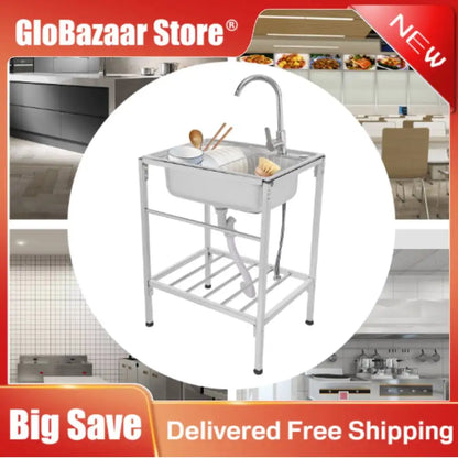 Edelstahl-Waschbecken mit Korb, einzelne Schüssel, kommerzielles Waschbecken, freistehendes Kalt- und Warmwasserhahn-Waschbecken für Küchen, Waschräume, Bars