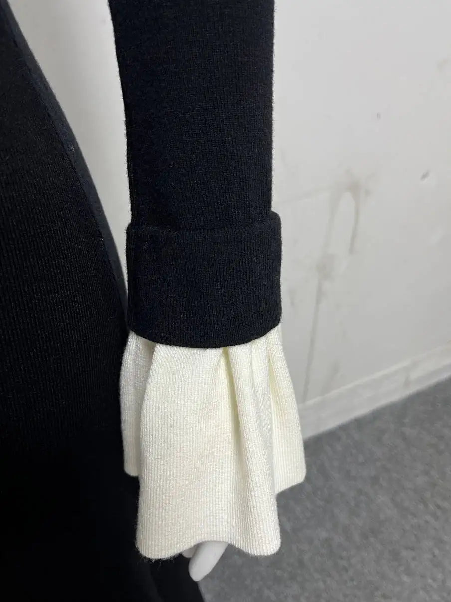 Tossy Weibliche Rüschen Strickwaren Langes Kleid Mode Patchwork Schlank Kontrast Revers Casual Party Kleid Kleid frauen Stricken Maxi Kleid