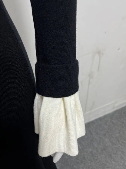 Tossy Weibliche Rüschen Strickwaren Langes Kleid Mode Patchwork Schlank Kontrast Revers Casual Party Kleid Kleid frauen Stricken Maxi Kleid