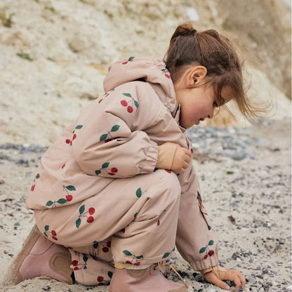 Konges Slojd 2025 Winter Baby Girls Cherry Hooded Ski Jackets Overalls Suits Sets Girls Waterproof Windproof Cold Resistant Coat.