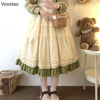 Mori Girl Style Lolita Midi Skirt Women Vintage Embroidery Lace Floral Bow Ruffles Long Skirts Female Prairie Chic Party Skirt.