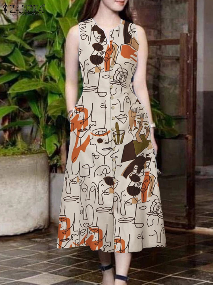 ZANZEA Elegante Damen-Midikleider, Sommer, ärmellos, Party-Sommerkleid, stilvoll, V-Ausschnitt, Urlaub, Arbeit, Vestidos, bedruckt, A-Linien-Kleid.