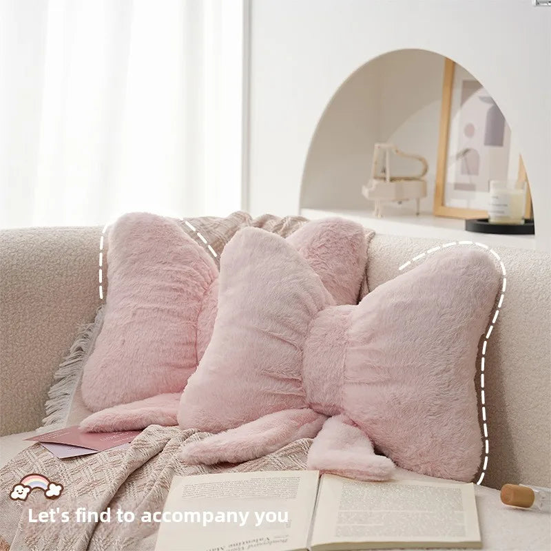 Pink bow ribbon couch pillow imitation rabbit fur comfortable car seat cushion ins style simple all-match back cushion.