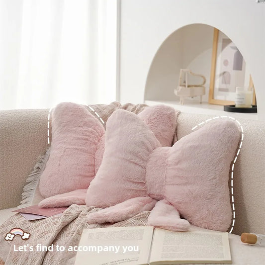 Pink bow ribbon couch pillow imitation rabbit fur comfortable car seat cushion ins style simple all-match back cushion.
