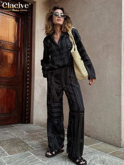 Clacive Fashion Long Sleeve Blouse 2 Piece Sets Women Outfit Elegant Loose Print Pants Set Casual High Waist Wide Trousers Suits.
