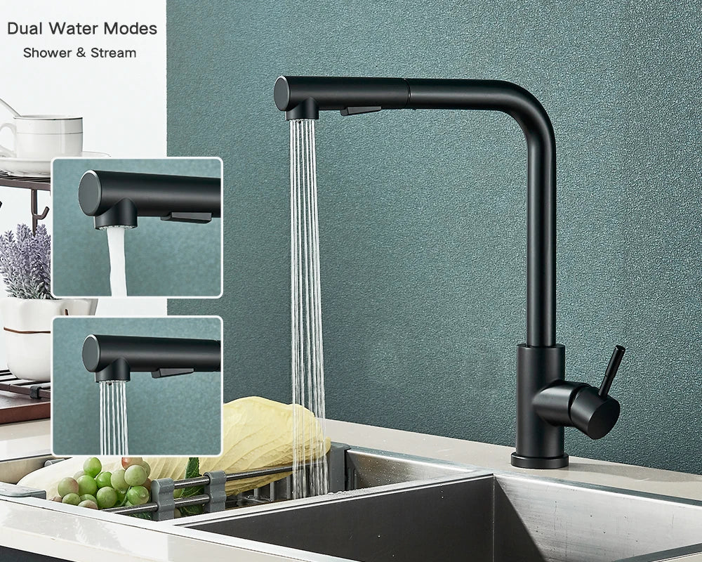 Black Flexible Pull Out Kitchen Faucet Stainless Steel 2 Modes Nozzle Faucets 360 Degree Rotating Hot Cold Water Sink Mixer Tap