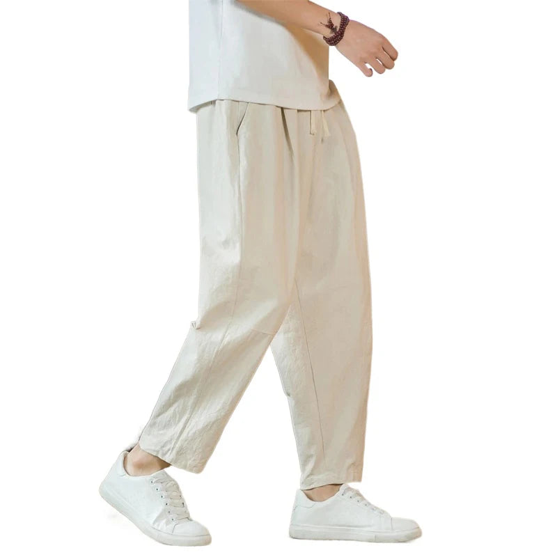 New Cotton Linen Mens Pants Casual Solid Color Breathable Streetwear Loose Straight Drawstring Baggy Lightweight Sport Pants.