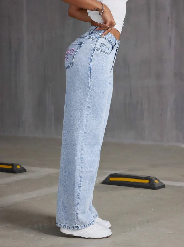 Women Wide Leg Boyfriend Jeans Straight Hip Hop Bow Embroidery Denim Pants Low Waist Baggy Jeans Casual Loose Jeans Streetwear.