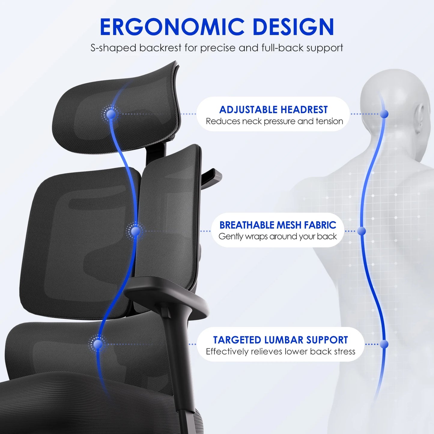 AUTHMIC Premium Ergonomischer Bürostuhl mit 6D-verstellbaren Armlehnen, 3D-Kopfstütze, 3-Zonen-Rückenlehne, 200 kg Tragkraft, Liegestuhl 90 ° -160 °