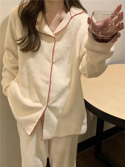 Flannel Women's Pajamas Sets Casual Autumn Winter Sleepwear Velvet Pyjama Ladies Cardigan Simple Bedroom Soft Warm Home Clothes