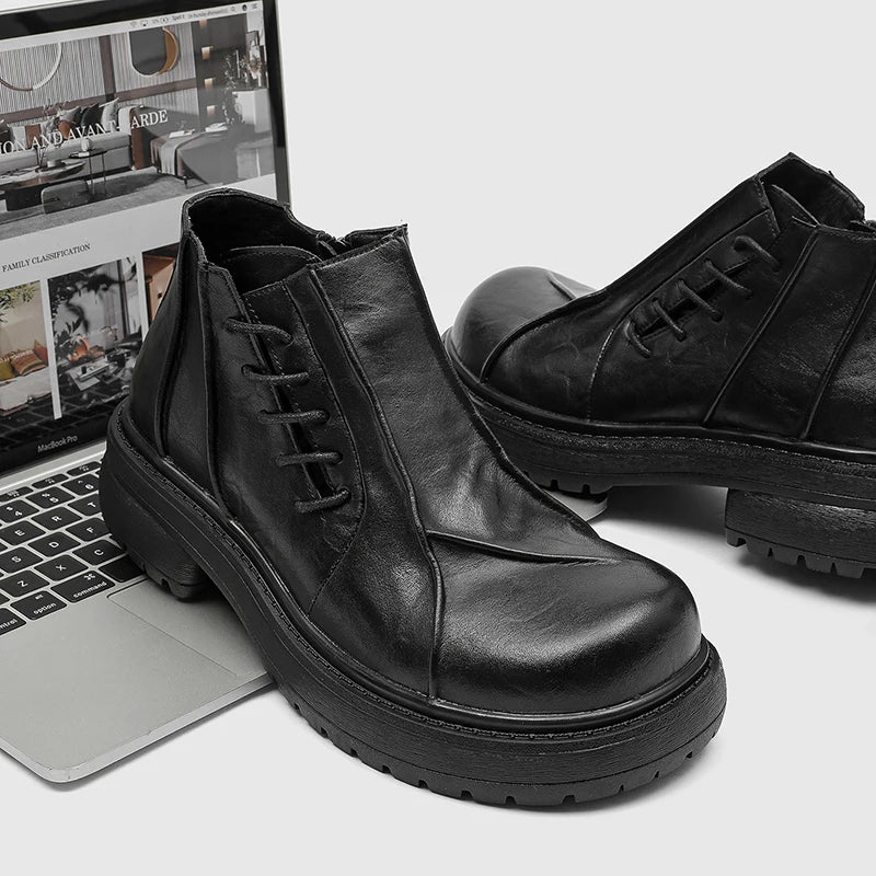 Autumn Winter Mens Ankle Boots Genuine Leather  Platform Chelsea Boots Street Style Male Motorcycle Boots High Top Walking Shoes.