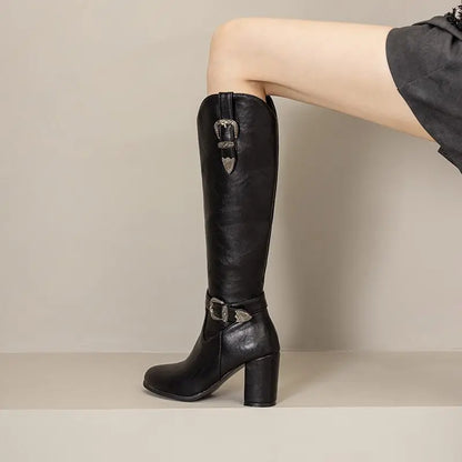 Girseaby British Style Women Knee High Boots Round Toe Block Heel 7.5cm Zipper Plus Size 51 52 Fashion Riding Bota.