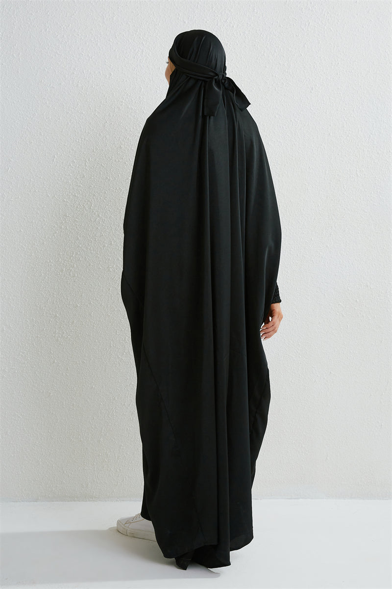 Muslimische Abaya mit Kapuze, Smockärmel, einteiliges Gebetskleid, Damen, Jilbab, islamische Kleidung, Dubai, Saudi-Arabien, schwarze Robe, türkische Bescheidenheit
