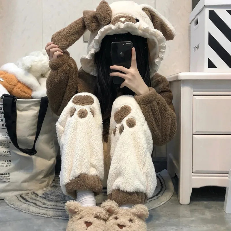 Cute Little Bear Pajamas for Women Thick Warm Fleece Home Wear Set Autumn Nightgown Girls 2025 New Winter Nightclothes 2Pcs.