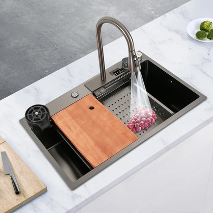 Intelligentes Küchenspülbecken mit digitalem Wasserhahn, Nano-beschichtetes Edelstahlspülbecken, ausziehbares Sprühgerät, Schneidebrett im Lieferumfang enthalten für Zuhause