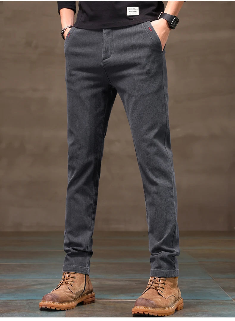 Men's Business Casual Pants Stretch Slim Fit Straight Semi-elastic Waist Trousers Solid Classic Office Work Male Clothing.