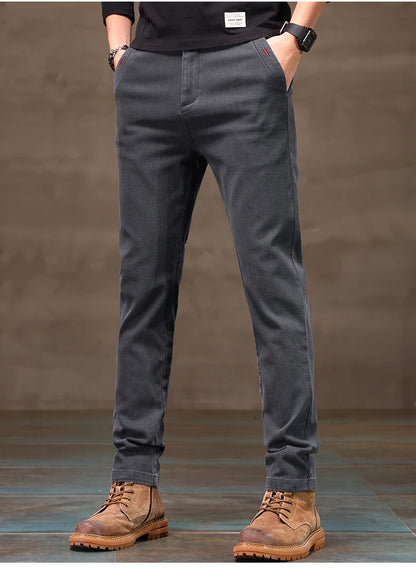 Men's Business Casual Pants Stretch Slim Fit Straight Semi-elastic Waist Trousers Solid Classic Office Work Male Clothing.