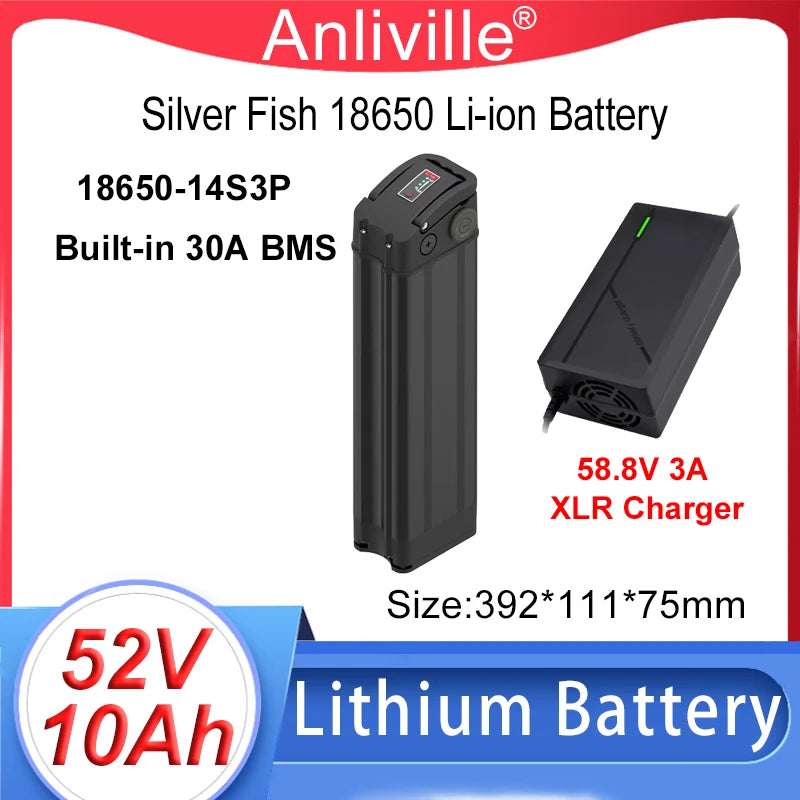 Silver Fish 36V/48V/52V/60V 10Ah 12Ah 15Ah 20A removable Lithium battery pack built-in BMS For 250W-1800W Folding E-two wheeler