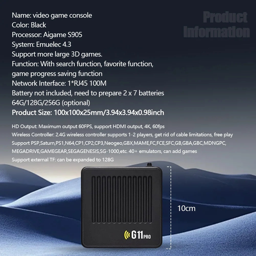 G11 Pro Retro Game Box Built in 10000+ Retro Games Plug and Play 4K HDMI-Compatible Output with 2.4G Wireless Dual Controllers.
