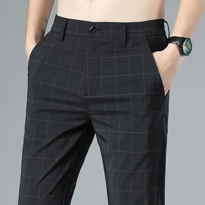 Male Suit Trousers Check Cooling Ice Silk Plaid Straight Up Clothes Offer Slacks Designer Men's Summer Pants Fabric 2025 Classic.
