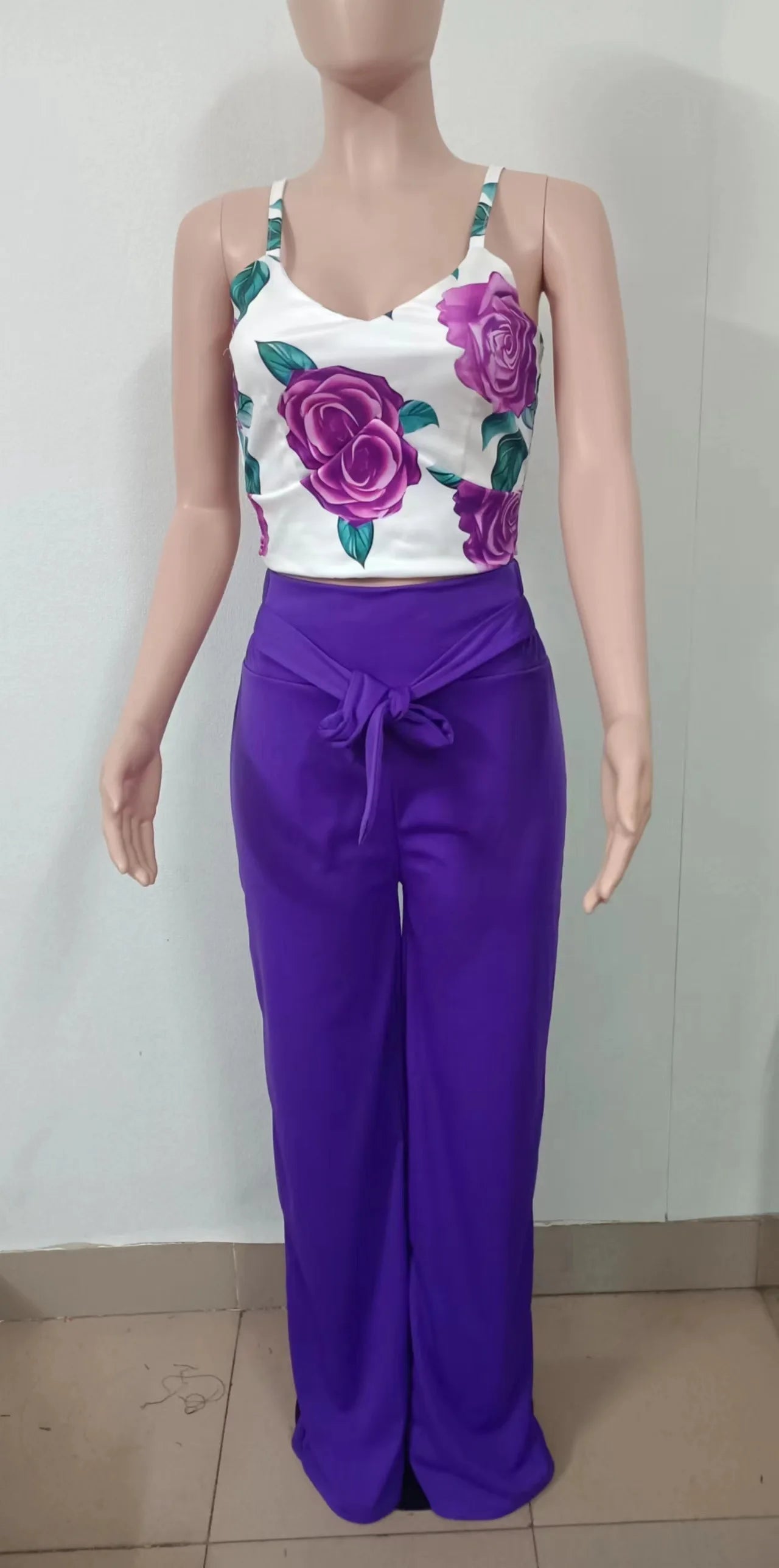 Women Fashion Print Halter V-Neck Short Tank Suit Tops Long Pants Matching Set Summer Casual Female Slim Pants Two Piece Sets.