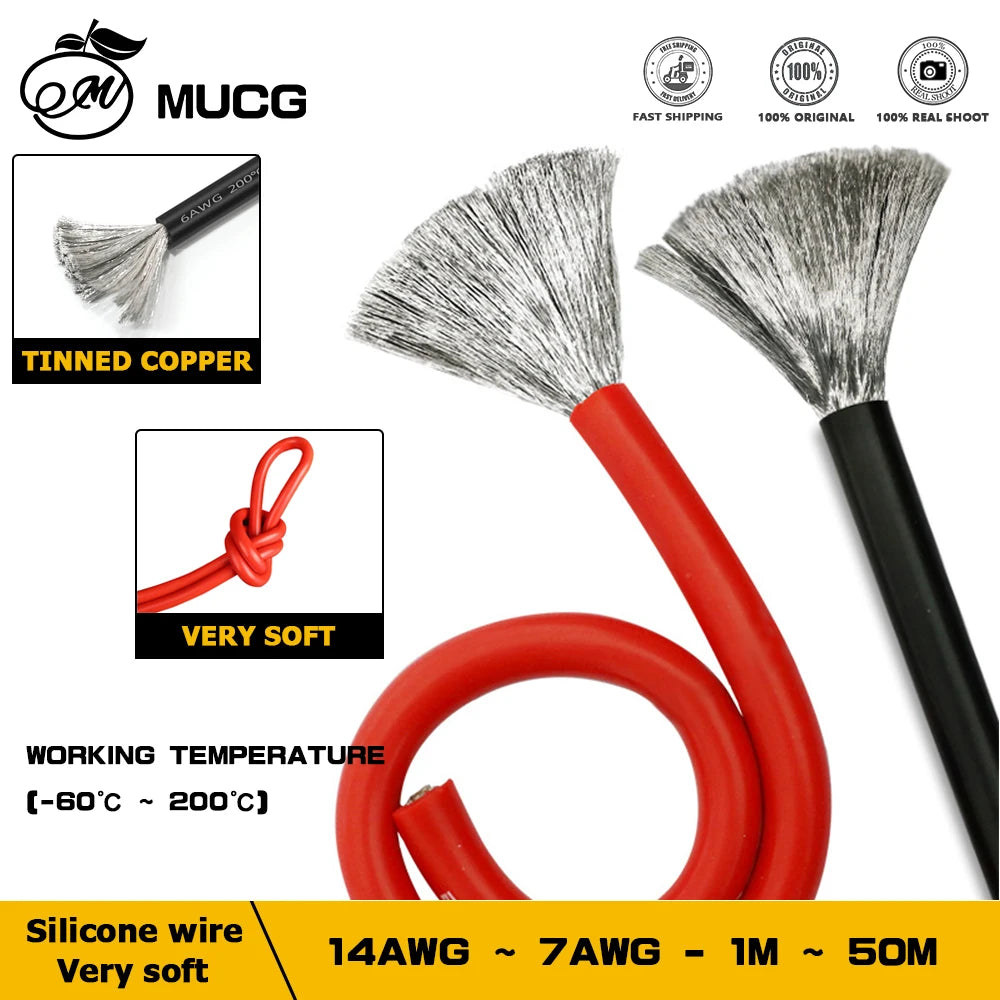 50m Silicone cable Black Red Heat-resistant Flexible cord Super soft Battery charging Electrical wires 7 8 9 10 11 12 13 14 AWG.
