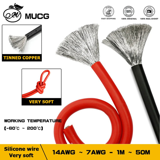 50m Silicone cable Black Red Heat-resistant Flexible cord Super soft Battery charging Electrical wires 7 8 9 10 11 12 13 14 AWG.