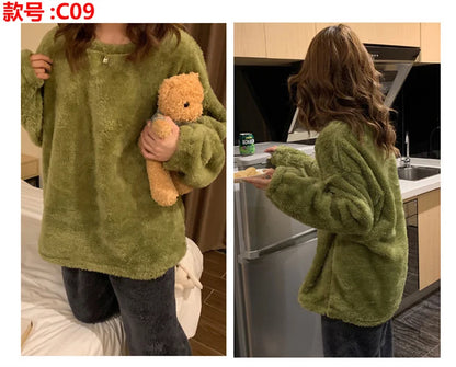 Winter Fleece Women Pajamas Set  Sleepwear Solid Velvet 2 Piece Pant Home Suit Fluffy Casual Warm Flannel Night Wear