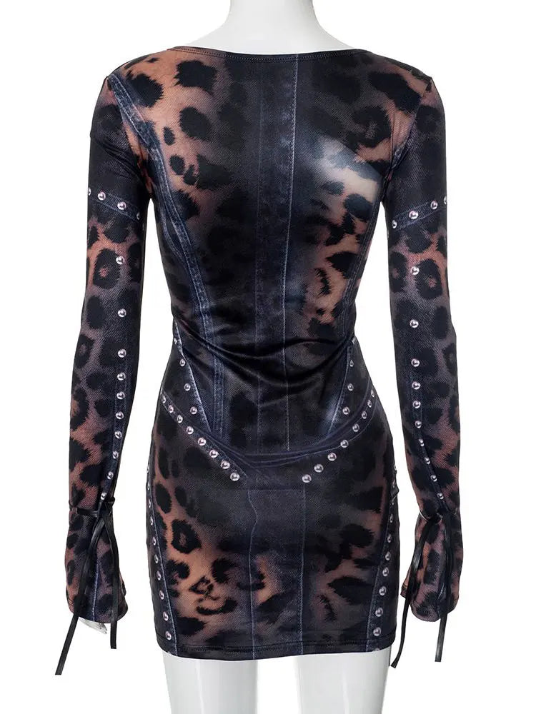 GACVGA Vintage Druck Sexy Bodycon Mini Kleid Für Frauen 2024 Herbst Winter Mode Volle Hülse Weibliche Club Party Kleider.