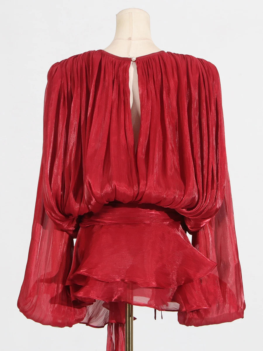 GALCAUR Solide Lose Splicd Lace Up Kleider Für Frauen V-ausschnitt Mit Langen Ärmeln Patchwork Rüschen Tunika Kleider Weibliche Mode Neue.