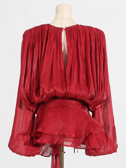 GALCAUR Solide Lose Splicd Lace Up Kleider Für Frauen V-ausschnitt Mit Langen Ärmeln Patchwork Rüschen Tunika Kleider Weibliche Mode Neue.