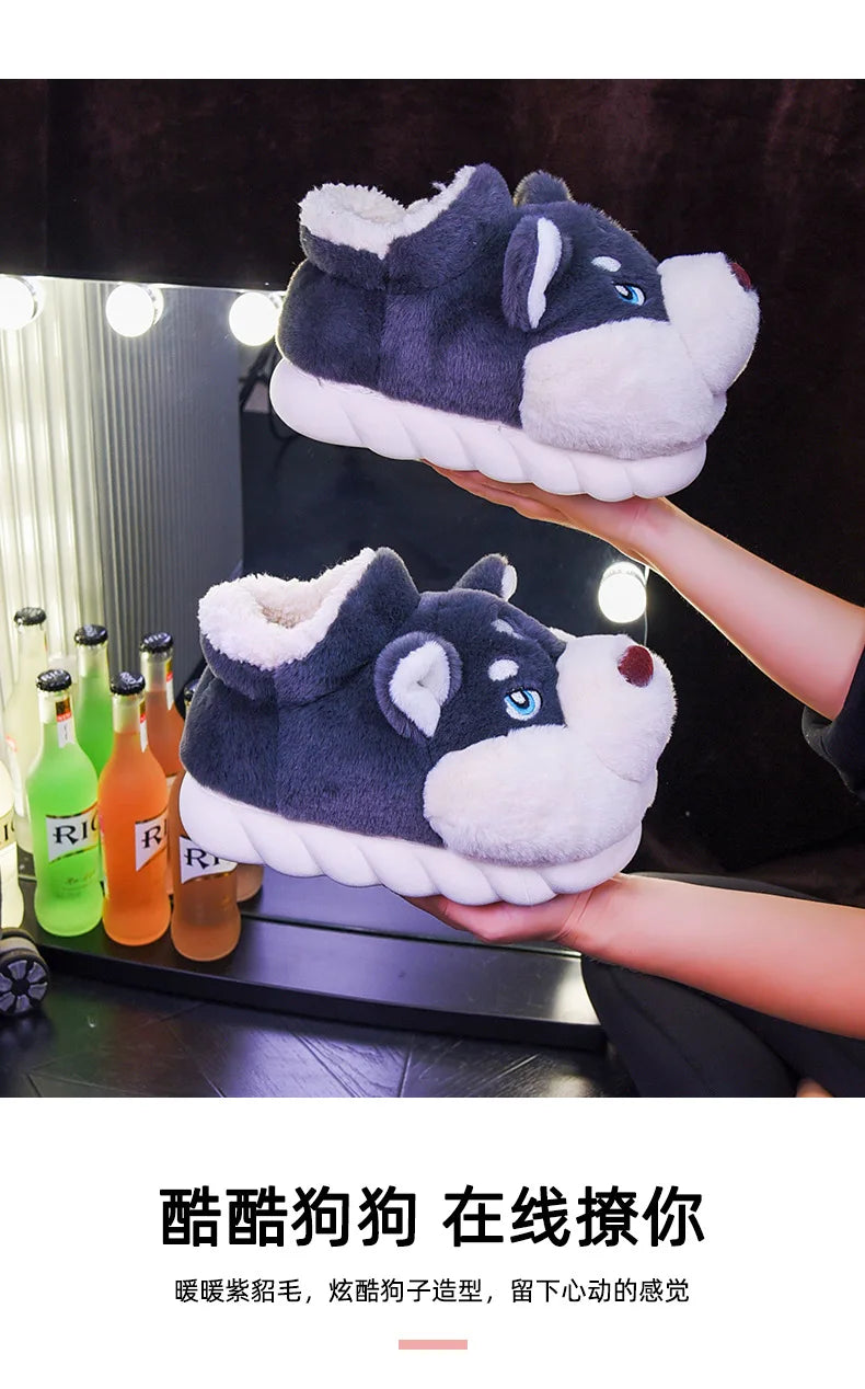 Women Indoor Cotton Slippers Cute Cartoon Dog Winter Warm Shoes Couples Home Floor Slides Anti-slip  Female Male House Footwear.