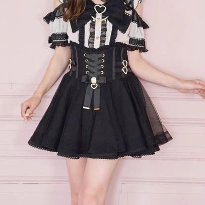 Japanese Liz New Summer Lace Edge Leather Ring High Waist Pleated Skirt Ribbon Bow All-match Short Skirts Big Bow Lolita Blouses.