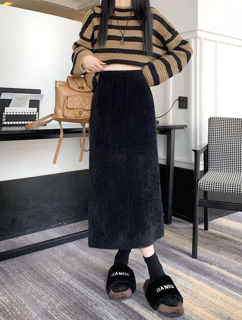 Korean Imitation Mink Plush Knitted Skirts Women Autumn Winter Thick Soft Split Pencil Skirts Elegant High Waist Bodycon Skirt.