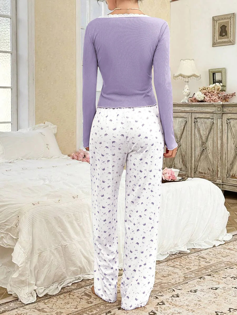 Autumn Winter Pajamas Set for Women Sleepwear Long Sleeve T-shirt with Long Trouses Set Homewear Femme Loungewear.
