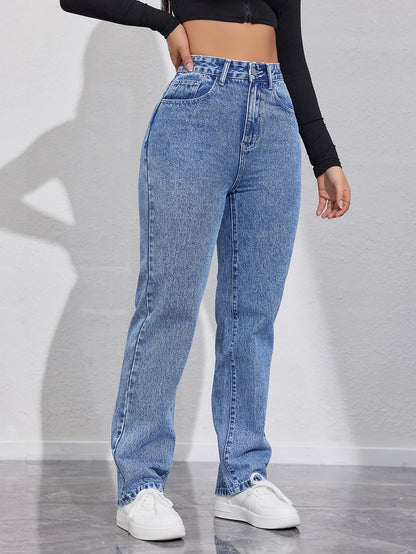 Women's High Waist Loose Comfortable Slimming Fashionable Straight Leg Casual Long Jeans Durable Quality from Mainland China.