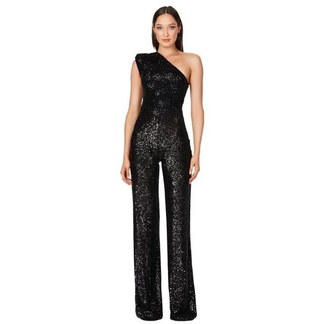 Women Elegant Long Jumpsuits Sexy Glitter Sequin Club Ladies Playsuits Slanted Collar Party Fashion Backless Solid Romper 2024