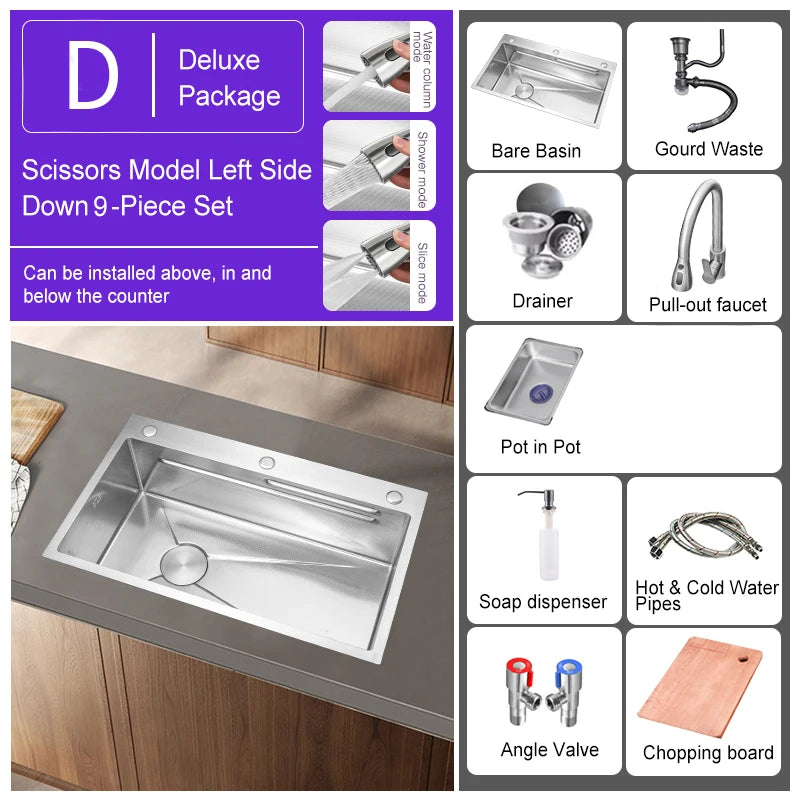 304 Stainless Steel Kitchen Sink Silver Embossed Large Single Slot Home Improvement Multifunction Wash Basin For Kitchen