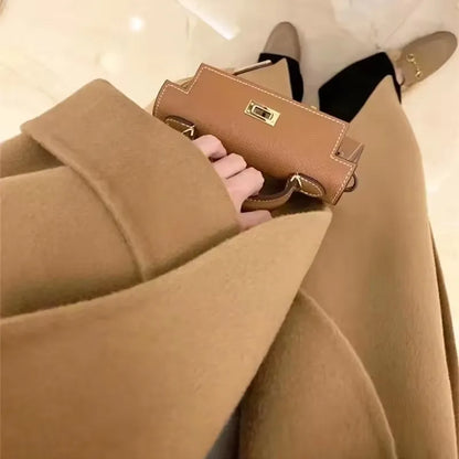 Mode Schwarz Lange Woolen Mantel Mit Gürtel Frauen Lose Revers Mantel Herbst Winter Warme Dame Oberbekleidung High Street.