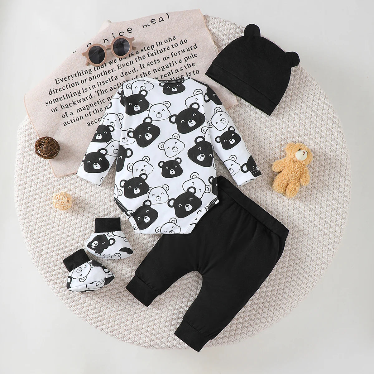 0-9 Months Baby Boy Set Little Bear Long Sleeve Bodysuit+Pants+Hat+Socks 4pcs/Set Baby Spring Autumn clothing Newborn set.