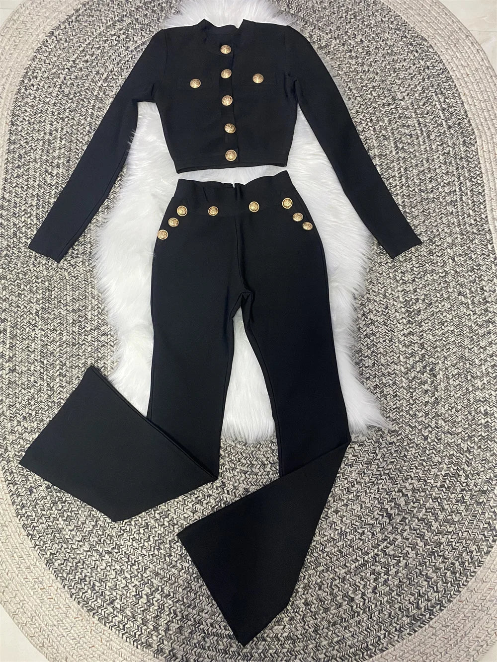 New Autumn Style Black Color Women Long Sleeve Button Rayon Bandage Coat Pants Fashion Women's Set High Street Celebrate Wear.