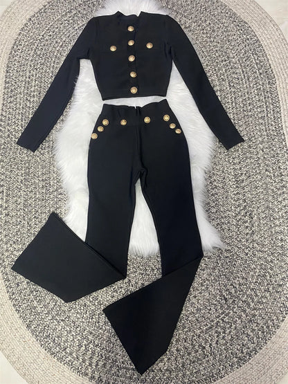 New Autumn Style Black Color Women Long Sleeve Button Rayon Bandage Coat Pants Fashion Women's Set High Street Celebrate Wear.