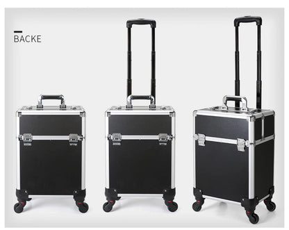TravelRolling Makeup Train Case Large Capacity Cosmetic Trolley, Aluminum Professional Travel Case with Key
