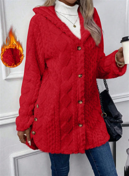 Women Cardigan Hoodie Jacket Autumn Winter Argyle Textured Pattern Hooded Irregular Hem Buttons Fleece Oversized Outerwear Coat