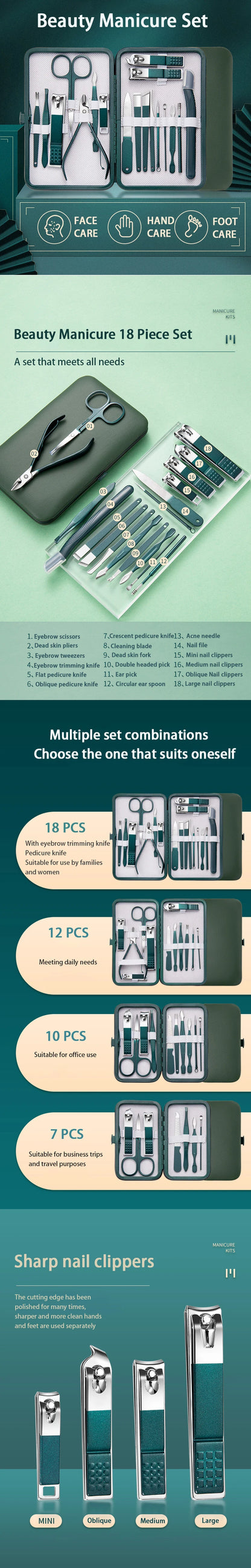 Professional 7/10/12/18 Piece Nail Care Kit Stainless Steel Manicure & Pedicure Set Nail Clipper Set with Travel Case.