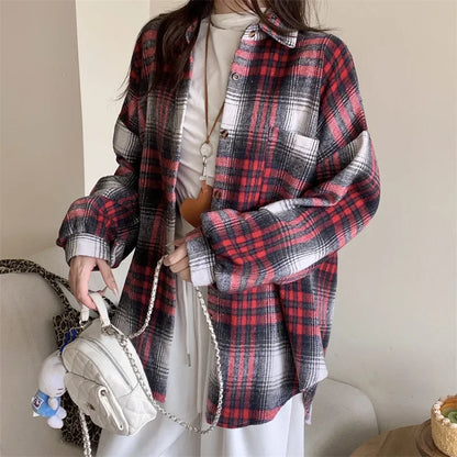 Zjaiss Women Thick Woolen Plaid Blouse Loose Long Sleeved Tops 2025 Autumn Winter New Casual Shirt Long Shirts